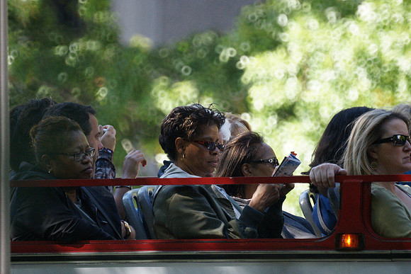 On a tourist bus, Central Park West