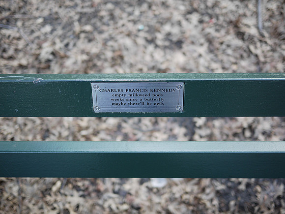 Memorial plaque on a bench at Evodia field in The Ramble, Central Park
