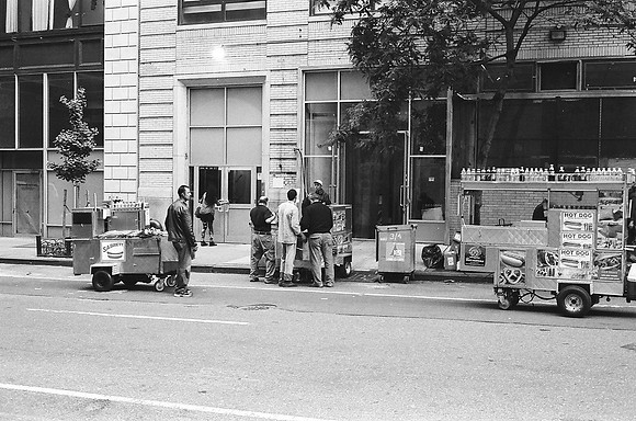 Hot Dog vendors conferring, West 38th Street