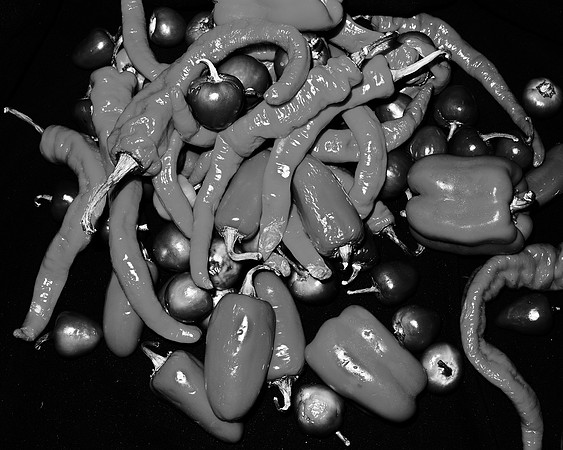 a pile of peppers (b&w)
