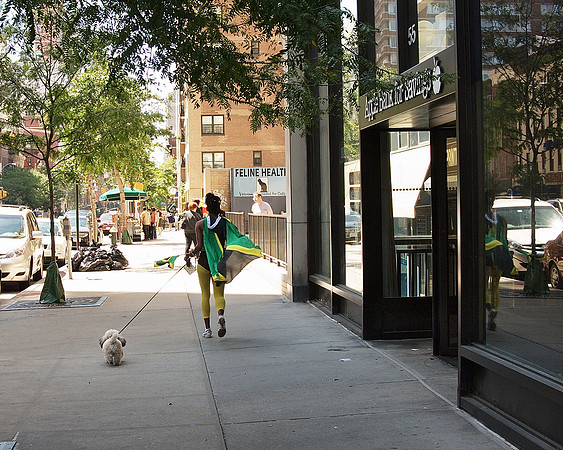 Superheroine walking dog, Yorkville