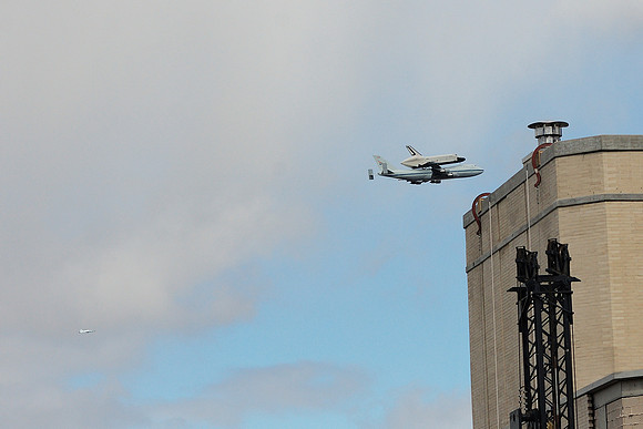 Space Shuttle flyby, seen from the Garment District