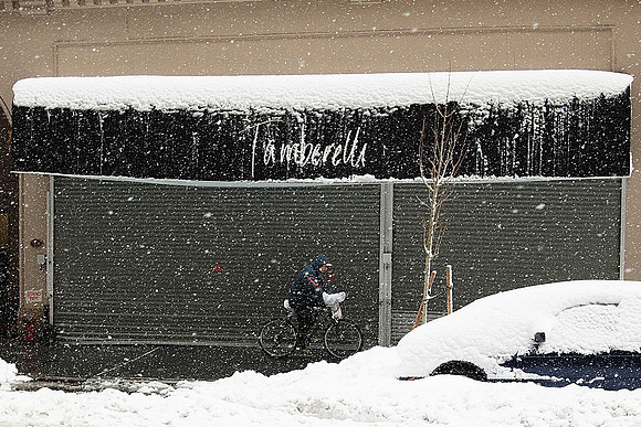 snow, roll-down gate, bicyclist
