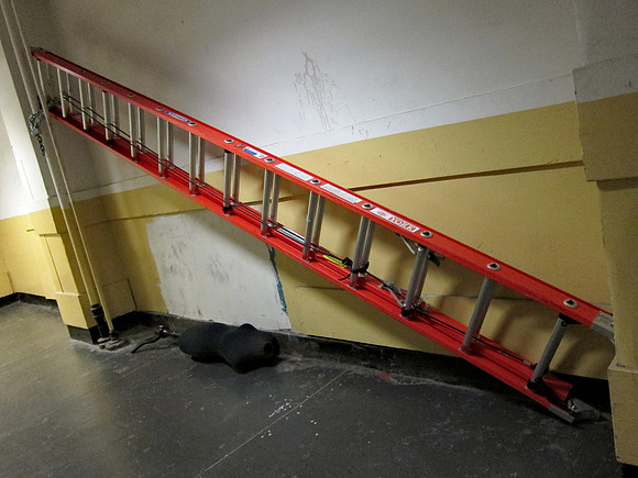 Ladder and dress dummy, Garment district